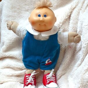 Cabbage Patch Baby Boy. Blue Eyed And Blonde Culy Top with Red Shoes